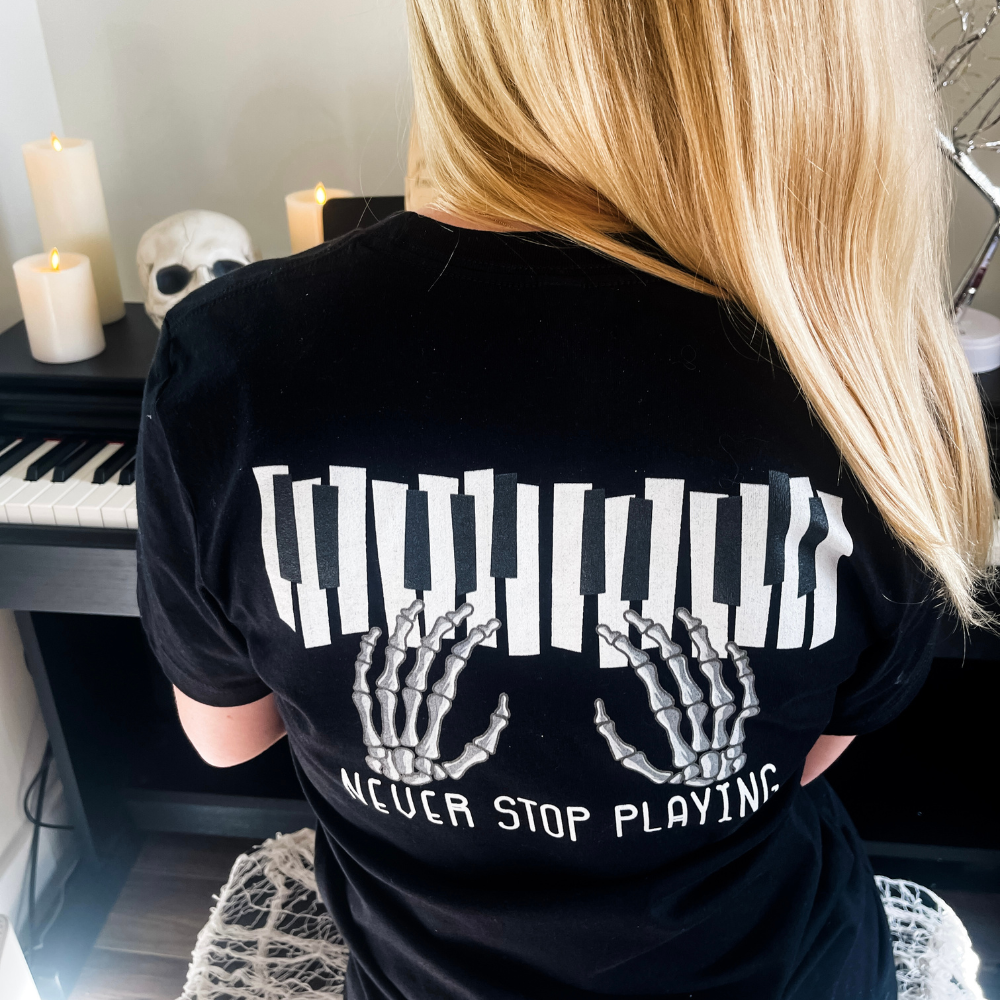 Never Stop Playing | Piano | Halloween | Unisex t-shirt