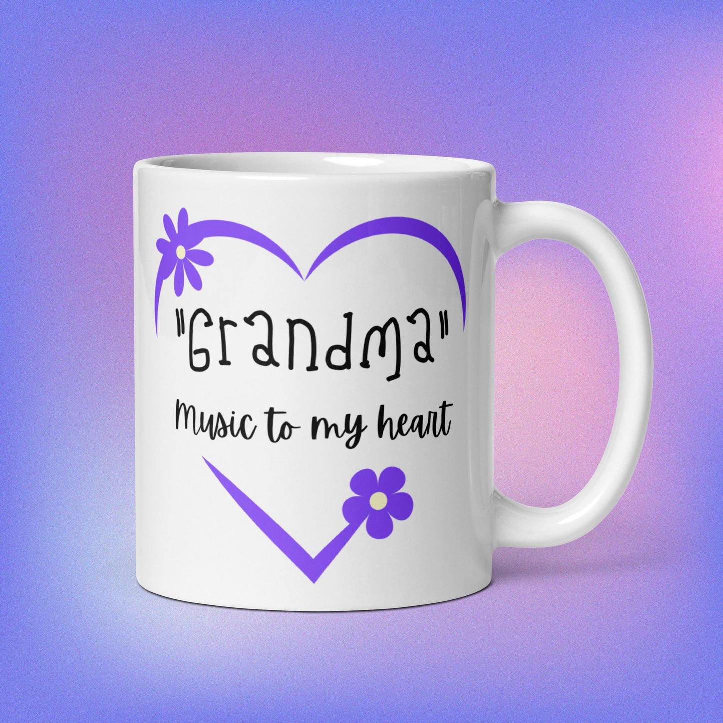 "Grandma" Music to My Heart | Purple flowers | Purple Heart| White Glossy Mug