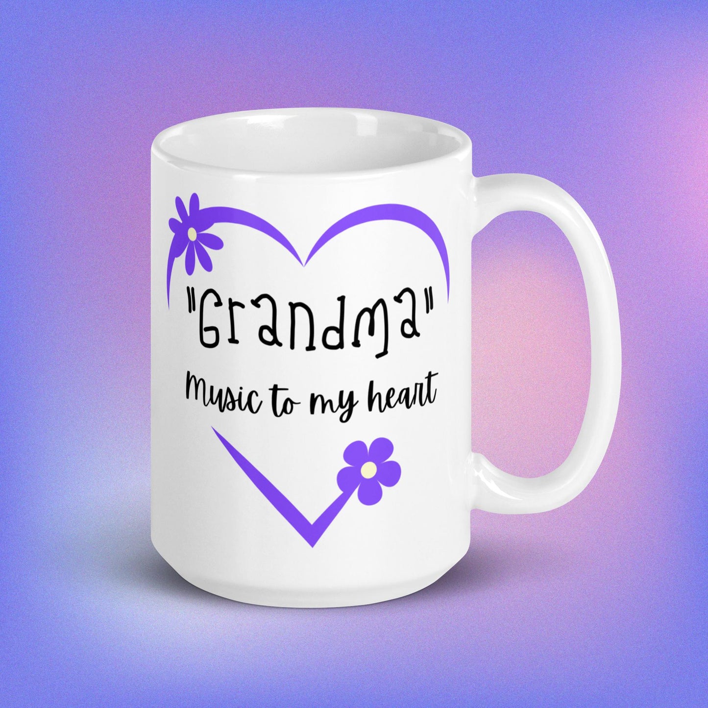 "Grandma" Music to My Heart | Purple flowers | Purple Heart| White Glossy Mug